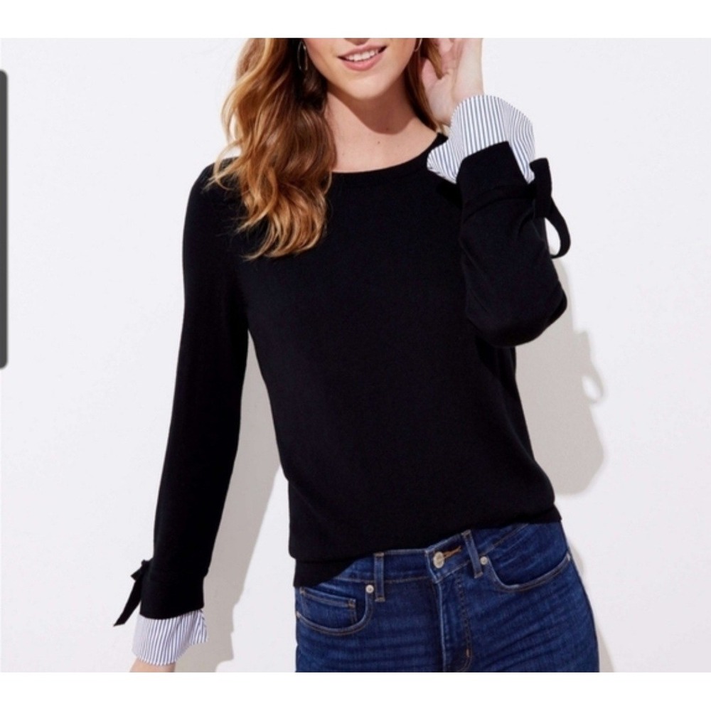 Loft Women Black Sweater Striped Layered Cuff Tie Long Sleeve Crew Neck Small